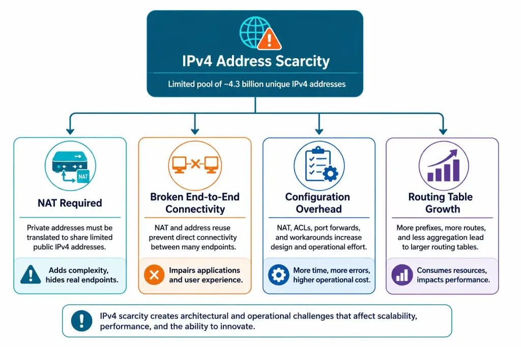 The Limitations Of Ipv4: Why The Internet Needed Ipv6 2 Flow Diagram Showing How Ipv4 Address Scarcity Cascades Into Nat, Connectivity, And Configuration Problems