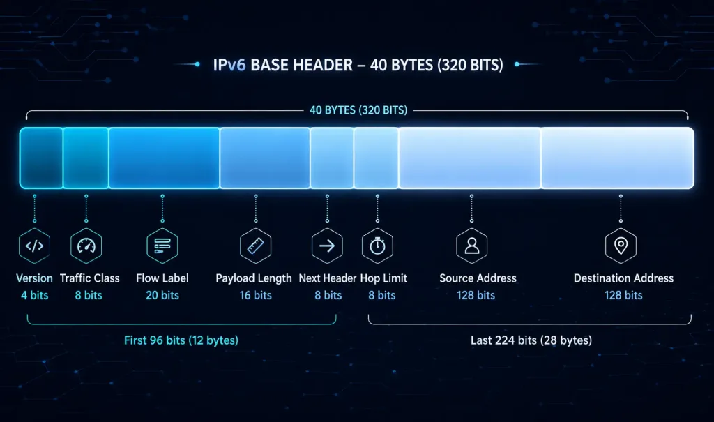 Ipv6 Header And Fields Explained 2 Bit-Field Diagram Showing The Eight Fixed Fields Of The Ipv6 Header — Version, Traffic Class, Flow Label, Payload Length, Next Header, Hop Limit, Source Address, And Destination Address — Sized Proportionally To Their Bit Width