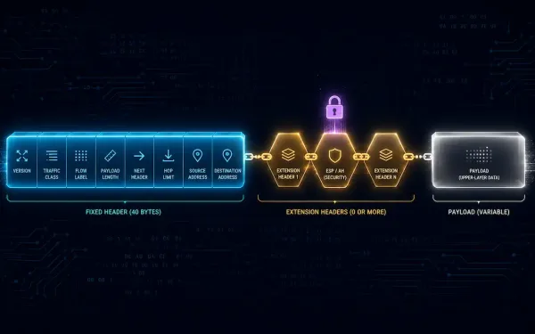 Glowing Ipv6 Packet Structure Showing Eight Fixed Header Segments Followed By Chained Extension Header Blocks And A Payload, With A Padlock Icon On The Security Extension Headers