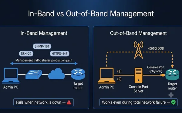 Split Diagram Comparing In-Band Network Management Showing Management Traffic Sharing The Production Path With Ssh And Snmp Badges Versus Out-Of-Band Management Showing A Console Port Connection And Cellular Oob Path That Works Even During Total Network Failure