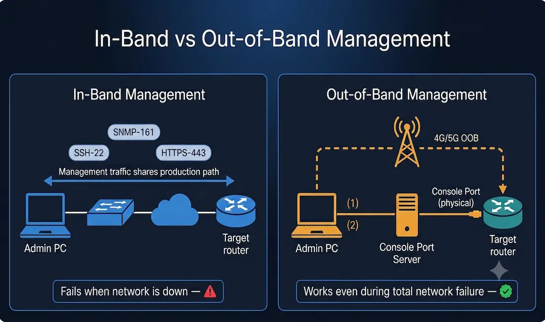 In-Band And Out-Of-Band Network Management: A Complete Guide 1 Split Diagram Comparing In-Band Network Management Showing Management Traffic Sharing The Production Path With Ssh And Snmp Badges Versus Out-Of-Band Management Showing A Console Port Connection And Cellular Oob Path That Works Even During Total Network Failure