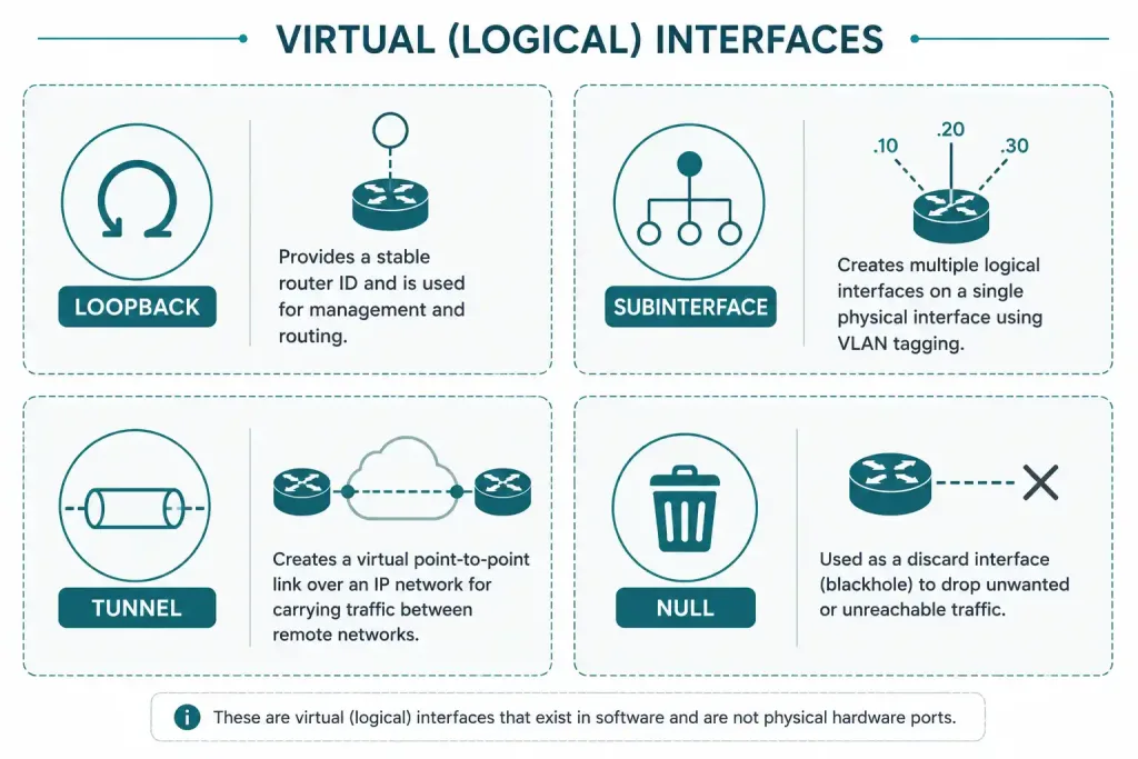Cisco Router Interfaces: Types, Configuration, And Troubleshooting 4 Grid Showing Four Logical Interface Types And Their Purposes On A Cisco Router