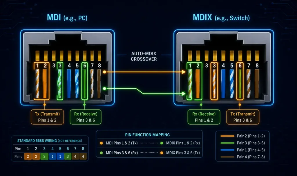 Auto-Mdix On Cisco Devices: How It Works And How To Configure It 2 Side-By-Side Rj45 Pinout Diagram Comparing Mdi And Mdix Pin Assignments, Showing Pins 1, 2, 3, And 6 Swapped Between Transmit And Receive Roles