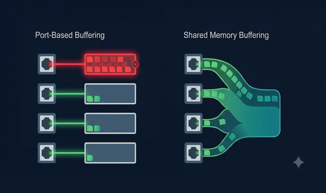 Memory Buffering On Cisco Switches: Techniques And Best Practices 1 Comparison Diagram Showing Port-Based Buffering With Separate Fixed Buffers Per Port, One Overflowing While Others Sit Idle, Versus Shared Memory Buffering With One Dynamic Pool Flexibly Allocated Toward The Busier Port