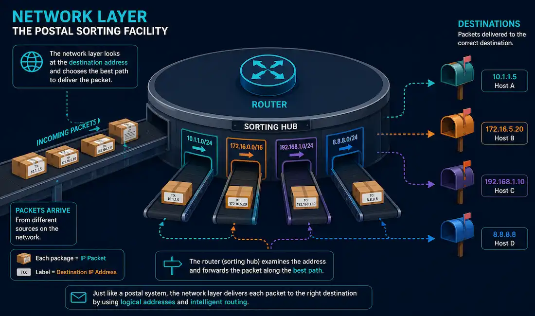 The Network Layer: Functions And Protocols Explained 1 Postal Sorting Facility Illustrating How The Network Layer Routes Packets
