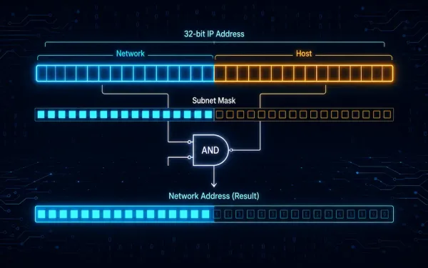 A 32-Bit Ipv4 Address Split Into A Glowing Cyan Network Portion And Amber Host Portion, With An And Gate Icon Showing How The Subnet Mask Produces The Network Address