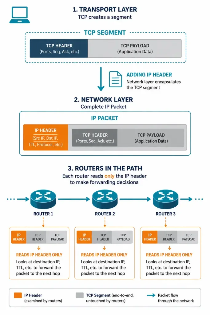 The Network Layer: Functions And Protocols Explained 2 Diagram Showing A Tcp Segment Encapsulated Into An Ip Packet And Routed Unopened Through Three Routers At Network Layer