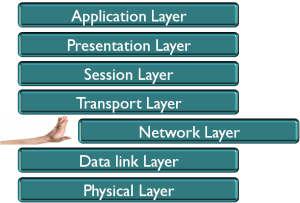 OSI model diagram highlighting the network layer, with routers directing data packets and examples of IPv4/IPv6 addresses.