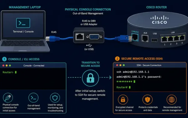 Laptop Connected To A Cisco Router Via Console Cable With A Cli Terminal Window