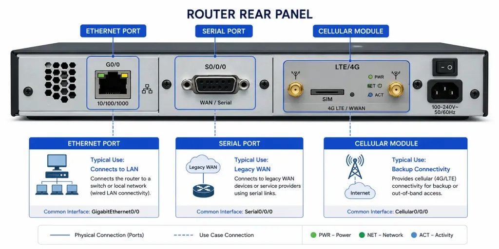 Cisco Router Interfaces: Types, Configuration, And Troubleshooting 3 Diagram Of A Router'S Physical Interfaces Labeled With Their Typical Use Cases