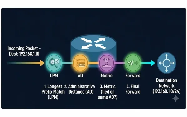 Router Processing An Incoming Packet Through Four Sequential Decision Gates — Longest Prefix Match, Administrative Distance, Metric, And Forward — Before Sending It To The Destination Network