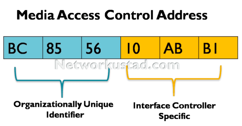 illustrating the structure of a MAC address. The address is divided into two main parts: the Organizationally Unique Identifier (OUI) and the Interface Controller Specific. The OUI is represented by the first three bytes (BC-85-56), shown in blue, while the Interface Controller Specific is represented by the last three bytes (10-AB-B1), shown in yellow.