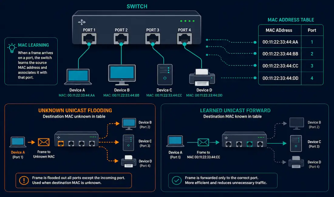 Switching Fundamentals: Mac Address Tables And Frame Forwarding Methods 1 Switch Building A Mac Address Table By Learning Ports And Flooding Unknown Destinations