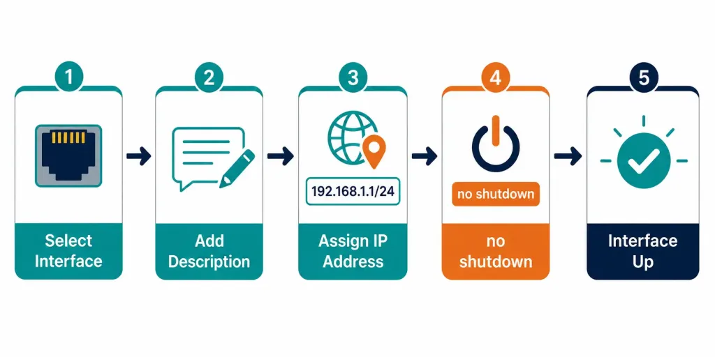 Cisco Router Interface Configuration: A Complete Cli Guide 2 Five-Step Flowchart Of Cisco Interface Configuration From Selection To Activation