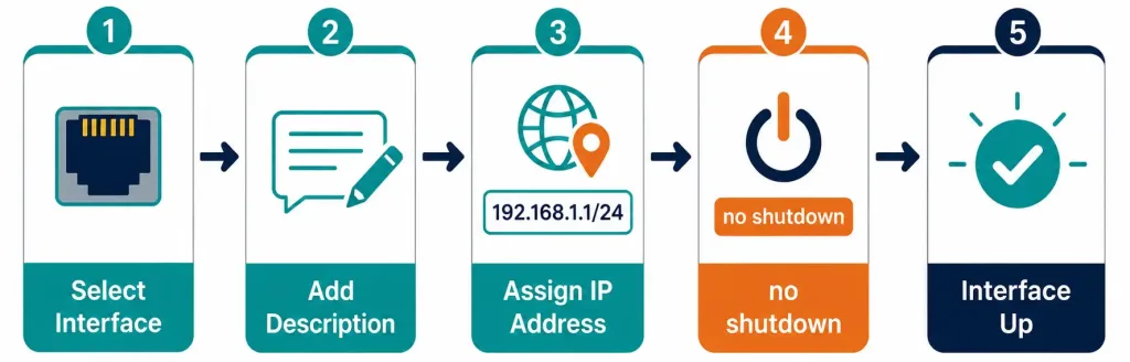 Cisco Router Interface Configuration: A Complete Cli Guide 2 Five-Step Flowchart Of Cisco Interface Configuration From Selection To Activation