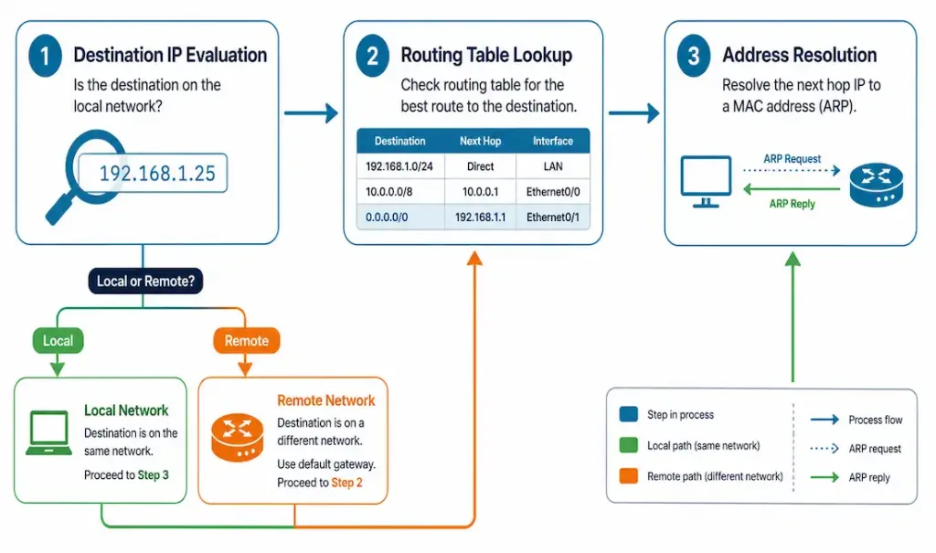 Host Forwarding Decisions: How Hosts Actually Route Their Own Traffic 2 Three-Step Flow Diagram Of Destination Evaluation, Routing Table Lookup, And Address Resolution
