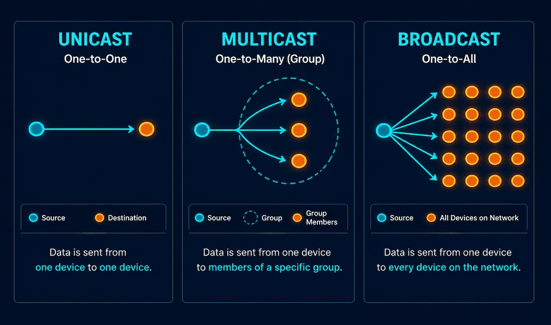 Unicast, Multicast, And Broadcast Addresses Explained 1 Illustration Comparing Unicast, Multicast, And Broadcast Delivery Patterns