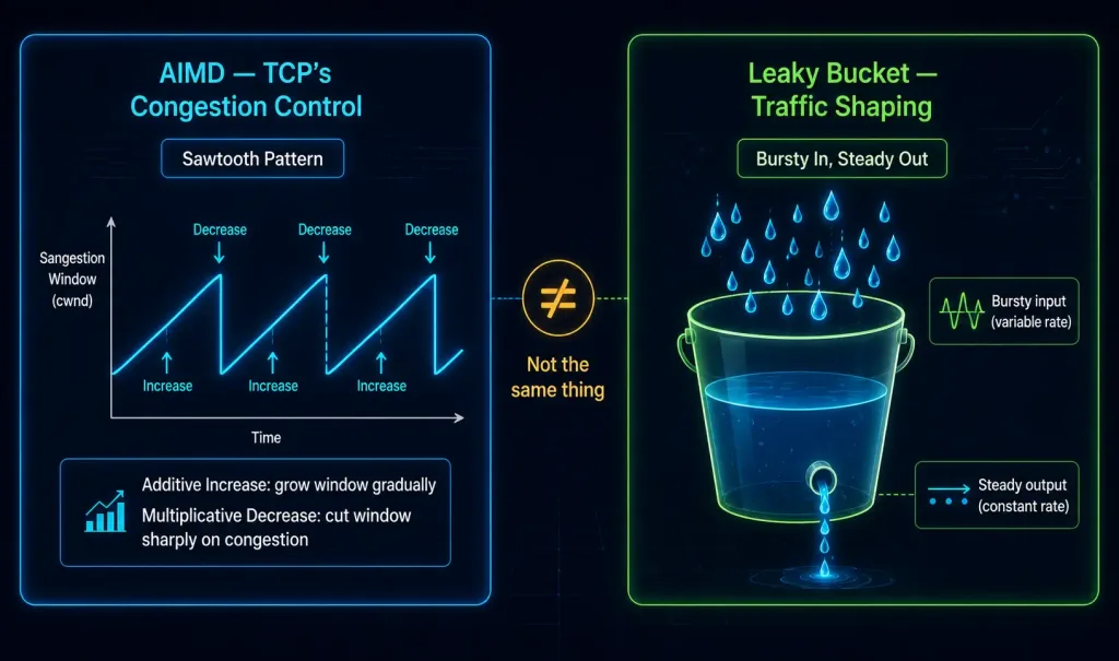 The Transport Layer Explained: Process-To-Process Delivery, Tcp, Udp, And Beyond 3 Side-By-Side Comparison Showing Tcp'S Aimd Congestion Control Sawtooth Pattern Next To The Leaky Bucket Traffic-Shaping Algorithm, Illustrating They Are Two Distinct Techniques