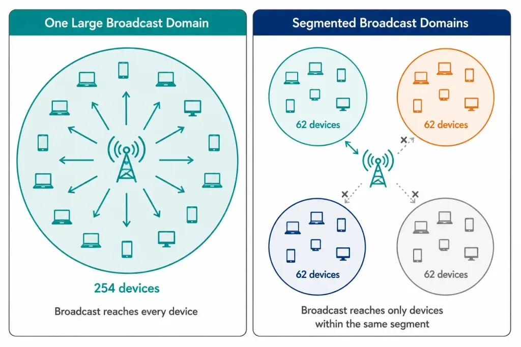 Introduction To Subnetting: How And Why To Divide A Network 4 Comparison Of Broadcast Domain Size Before And After Subnetting A /24 Into Four /26S