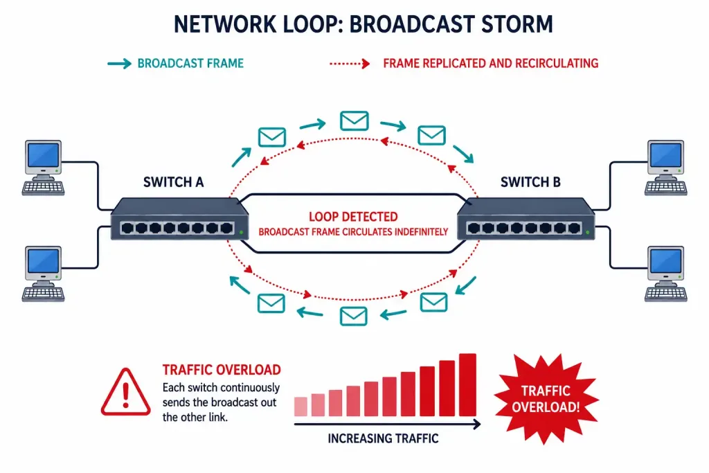 Collision Domains And Broadcast Domains Explained 4 Diagram Of A Broadcast Storm Caused By A Network Loop Between Two Switches