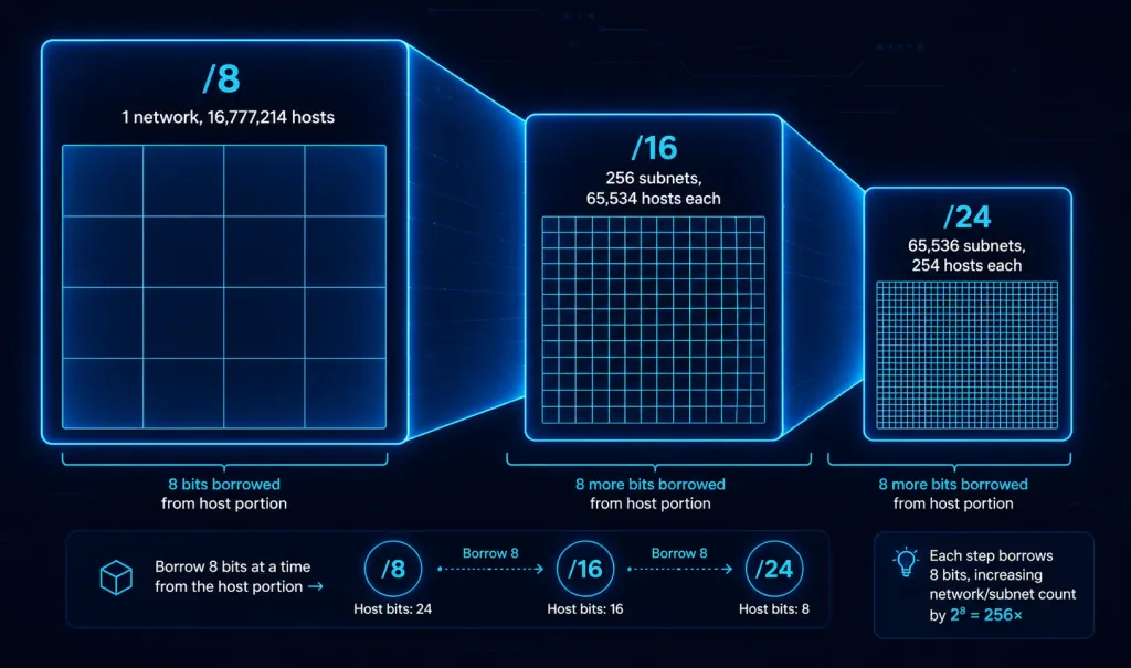 Classful Vs. Classless Addressing: What'S The Difference? 2 Stepped Diagram Showing A /8 Network Subdividing Into 256 /16 Subnets, Then Further Subdividing Into 65,536 /24 Subnets, With Host Counts At Each Stage