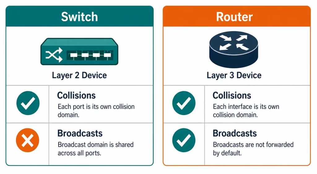 Collision Domains And Broadcast Domains Explained 6 Icon Summary Showing Switches Solve Collisions But Not Broadcasts, While Routers Solve Both