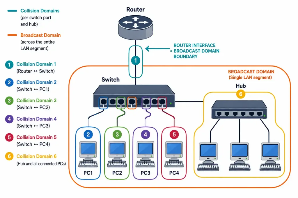 Collision Domains And Broadcast Domains Explained 3 Topology Diagram Showing One Broadcast Domain Spanning The Switch And Hub