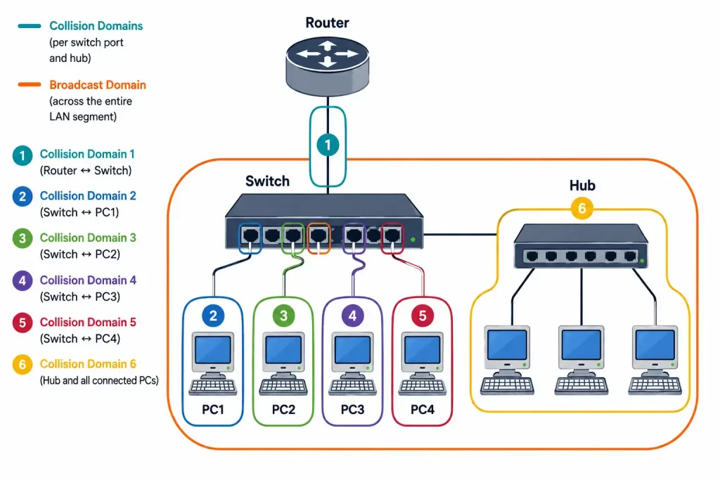 Collision Domains And Broadcast Domains Explained 2 Topology Diagram With Six Collision Domains Numbered And Outlined