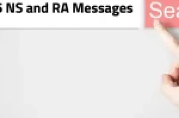 Hand pointing to a "Search" button next to "ICMPv6 NS and RA Messages" text, representing a guide to Neighbor Solicitation and Router Advertisement in IPv6 networks.