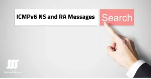 Hand pointing to a "Search" button next to "ICMPv6 NS and RA Messages" text, representing a guide to Neighbor Solicitation and Router Advertisement in IPv6 networks.
