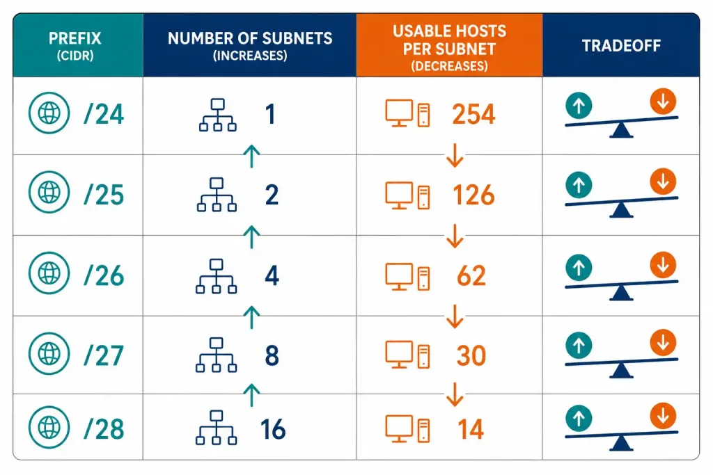 Introduction To Subnetting: How And Why To Divide A Network 5 Table Showing Subnets Doubling And Hosts Per Subnet Halving With Each Borrowed Bit