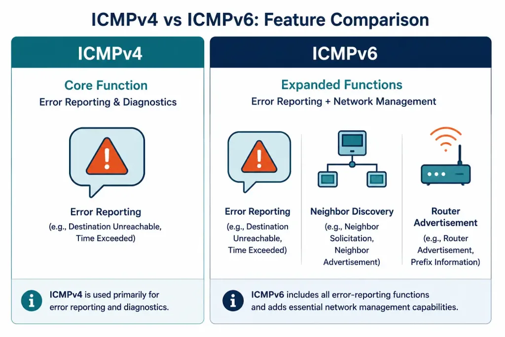 Internet Control Message Protocol (Icmp) Explained 2 Icon Comparison Showing Icmpv6'S Expanded Responsibilities Versus Icmpv4