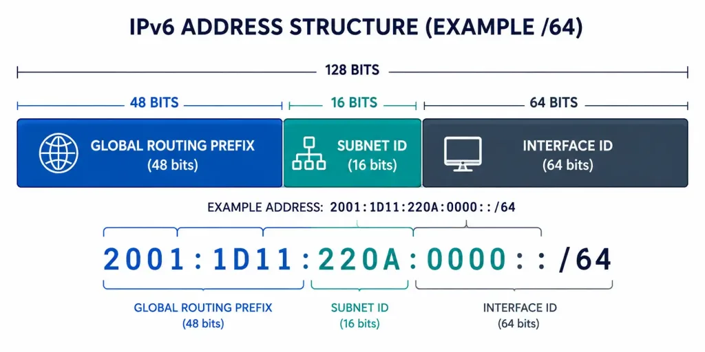 Ipv6 Subnetting Explained: Structure, Worked Examples, And Best Practices 2 Bar Diagram Of Ipv6 Global Unicast Address Showing 48-Bit Prefix, 16-Bit Subnet Id, And 64-Bit Interface Id