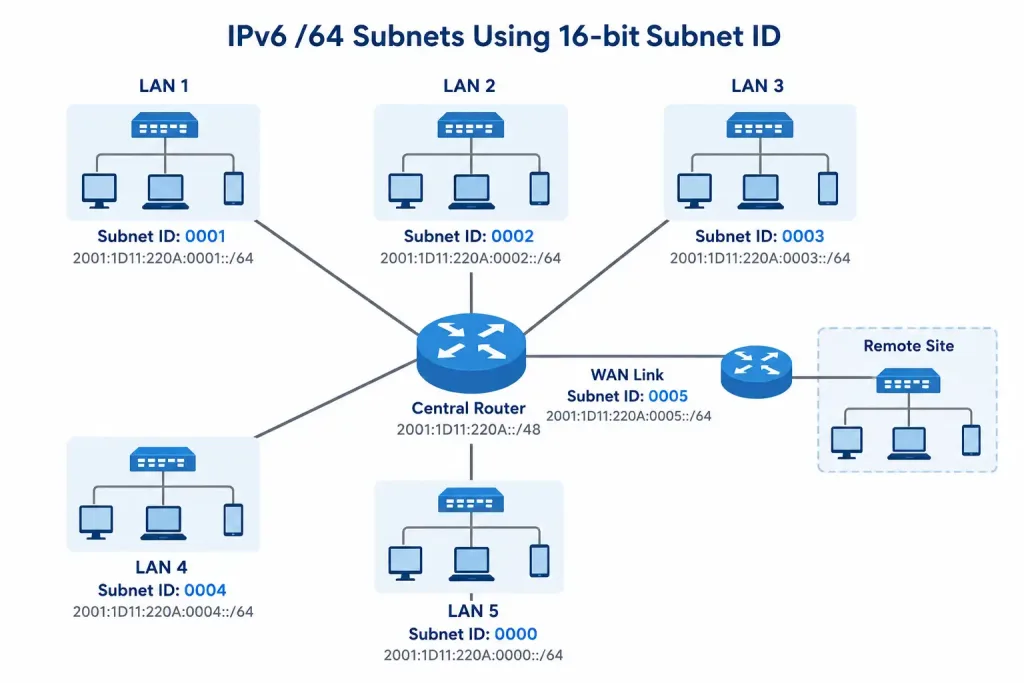 Ipv6 Subnetting Explained: Structure, Worked Examples, And Best Practices 4 Network Topology Diagram Showing Five Lan Subnets And One Wan Link Mapped To Ipv6 Subnet Ids