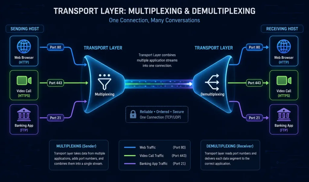 The Transport Layer Explained: Process-To-Process Delivery, Tcp, Udp, And Beyond 2 Diagram Showing Three Applications' Data Multiplexed Into A Single Transport Layer Stream And Demultiplexed Back Out To Matching Applications On The Receiving Host By Port Number