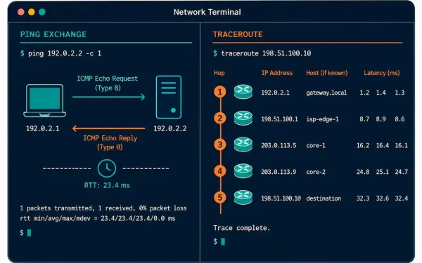 Split Illustration Comparing A Ping Exchange And A Traceroute Hop-By-Hop Path