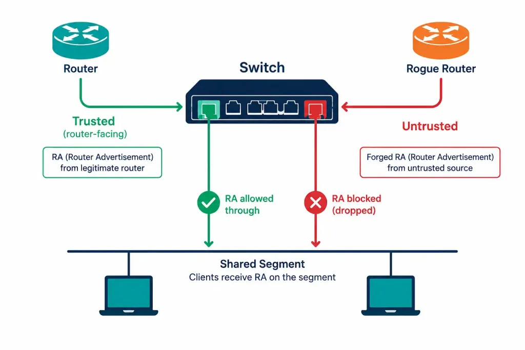 Icmpv6 Neighbor Discovery: Rs, Ra, Ns, And Na Messages Explained 6 Diagram Of Ra Guard Blocking A Forged Router Advertisement On An Untrusted Port