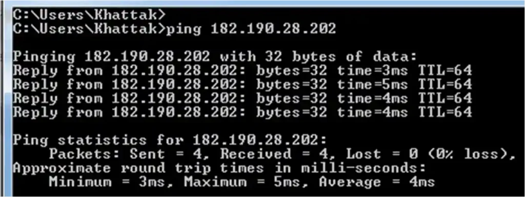 Screenshot of a Windows Command Prompt showing a ping test to the IP address 182.190.28.202. The test sends 32 bytes of data with a TTL of 64, receiving four replies with response times of 3ms, 5ms, 4ms, and 4ms respectively. The ping statistics indicate 4 packets sent, 4 received, 0 lost (0% loss), with approximate round trip times of 3ms minimum, 5ms maximum, and 4ms average.