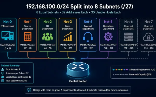 Eight Subnets Shown With Six Allocated To Departments And Two Held In Reserve