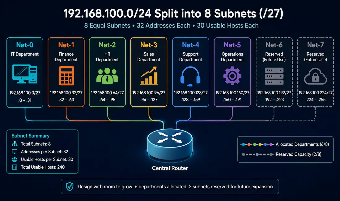 Subnetting Based On Network Requirements 1 Eight Subnets Shown With Six Allocated To Departments And Two Held In Reserve