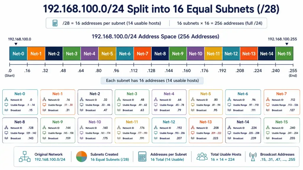 Subnetting Based On Host Requirements 5 Map Of 192.168.100.0/24 Divided Into Sixteen /28 Subnets Labeled Net-0 Through Net-15