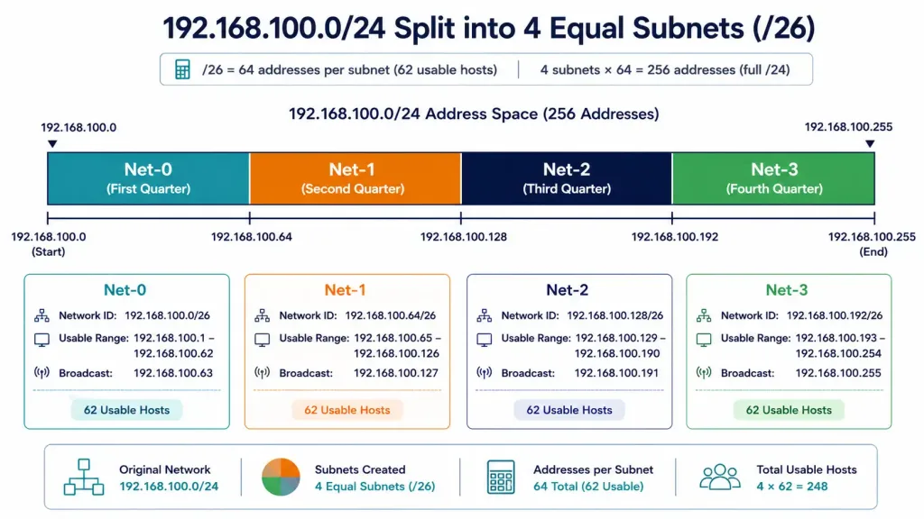 Subnetting Based On Host Requirements 4 Map Of 192.168.100.0/24 Divided Into Four /26 Subnets Labeled Net-0 Through Net-3