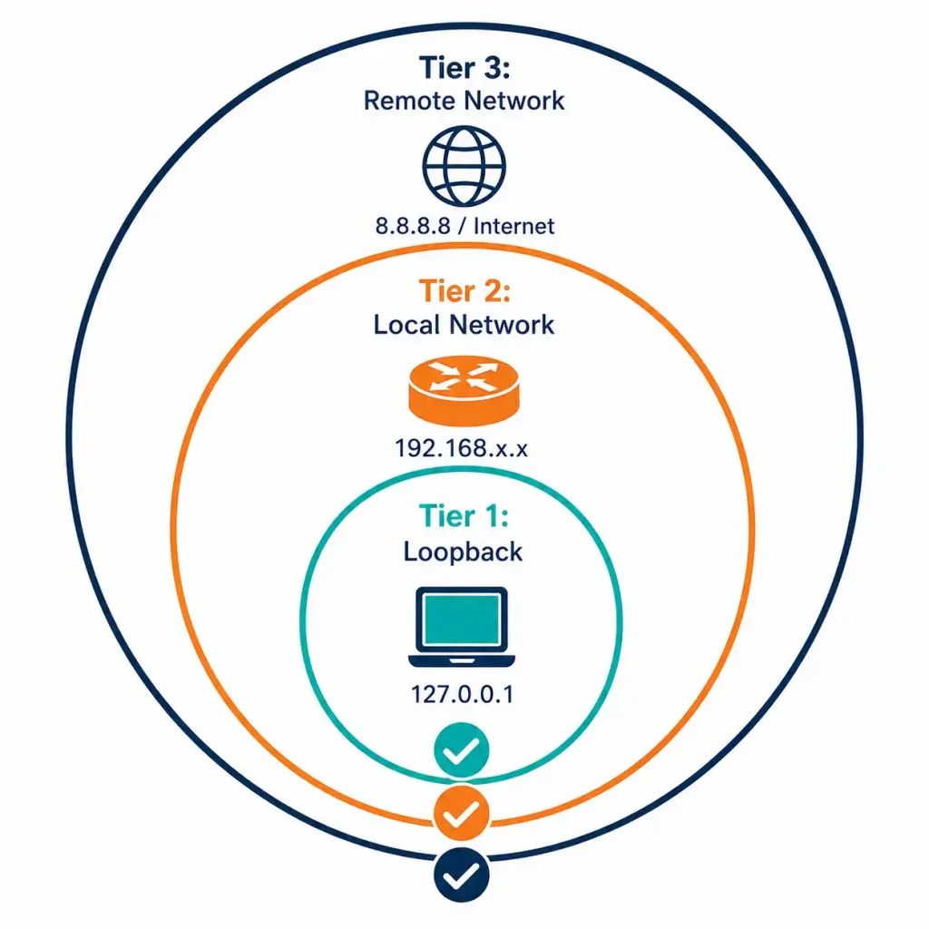 Ping And Traceroute: The Essential Network Troubleshooting Toolkit 2 Three Concentric Rings Representing The Loopback, Local, And Remote Ping Troubleshooting Tiers