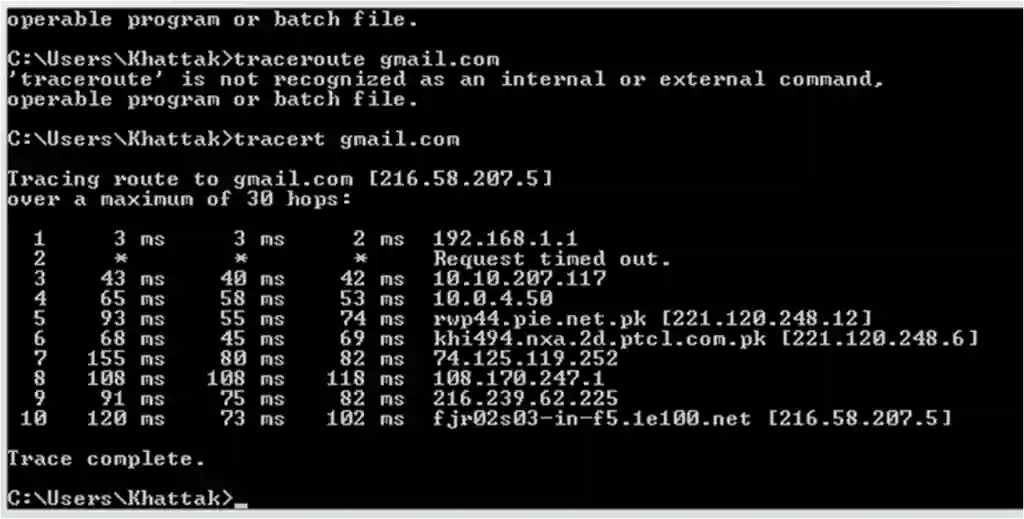 Screenshot of a Windows Command Prompt showing two traceroute attempts. The first attempt using "tracert gmail.com" fails with the error "'tracert' is not recognized as an internal or external command, operable program or batch file." The second attempt using "tracert gmail.com" successfully traces the route to gmail.com [216.58.207.51] over a maximum of 30 hops. The trace shows 9 hops with response times: 1) 3ms, 2) 43ms, 3) 65ms, 4) 93ms, 5) 68ms, 6) 155ms, 7) 108ms, 8) 91ms, and 9) 120ms, with IP addresses including 192.168.1.1, 10.10.207.117, 119.0.4.50, and 216.58.207.51, and some intermediate hops like nxa.nxt.ptcl.com.pk and fj02s03-in-f5.1e100.net. The trace completes successfully.