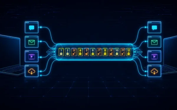 Two Devices Exchanging Data Through A Transport Layer Conveyor Showing Multiplexed Application Segments, With Locked Icons For Tcp Reliable Delivery And Unlocked Icons For Udp Best-Effort Delivery