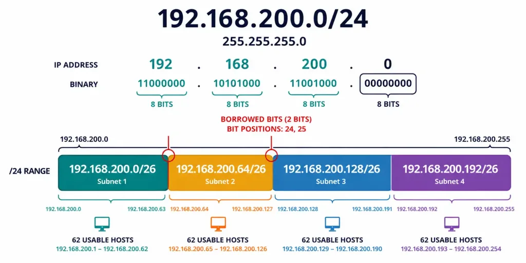 Classless Subnetting Examples: Two Fully Worked Problems 3 A /24 Network Split Into Four /26 Subnets With Both Borrowed Bits Highlighted