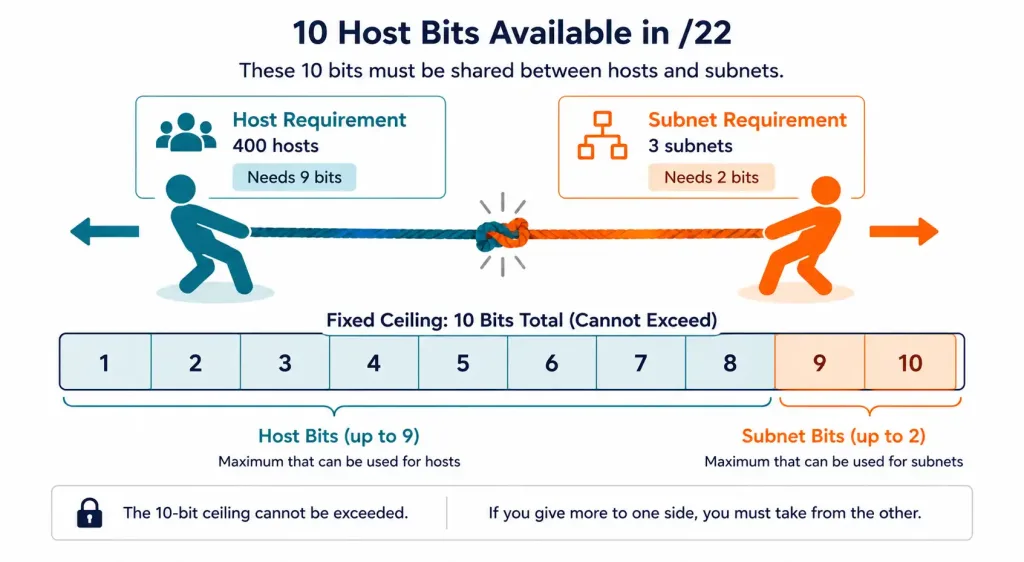 Subnetting Based On Network Requirements 6 Tug-Of-War Diagram Showing Host And Subnet Bit Requirements Competing Against A Fixed Bit Ceiling