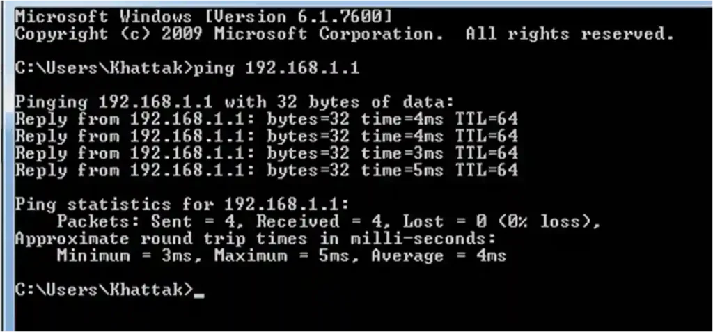 Screenshot of a Windows Command Prompt showing a ping test to the IP address 192.168.1.1. The test sends 32 bytes of data with a TTL of 64, receiving four replies with response times of 4ms, 3ms, 3ms, and 5ms respectively. The ping statistics indicate 4 packets sent, 4 received, 0 lost (0% loss), with approximate round trip times of 3ms minimum, 5ms maximum, and 4ms average.