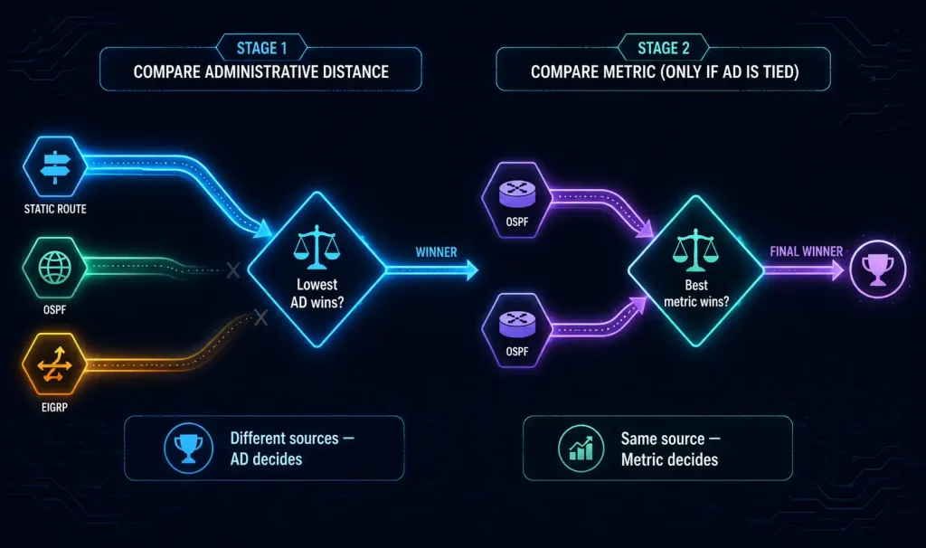 Administrative Distance: How Cisco Routers Choose Between Route Sources 3 Two-Stage Flow Diagram Showing A Router First Comparing Administrative Distance Between Different Route Sources, Then Comparing Metric Only When Two Routes From The Same Source Have Tied Administrative Distance