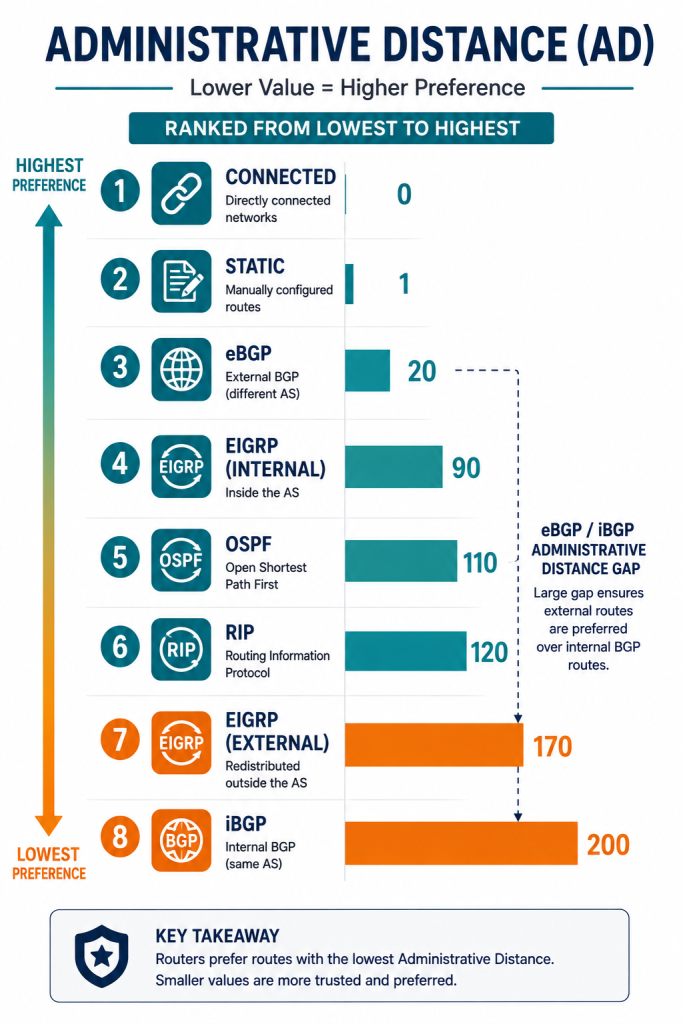 Static Routing Vs Dynamic Routing: Complete Explanation 3 Bar Chart Ranking Administrative Distance Values From Connected At 0 To Ibgp At 200